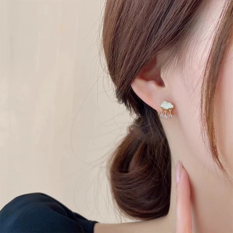 Gold Tone Cloud Drop Earrings with White Enamel and Teardrop CZ Rain Dangle Stud