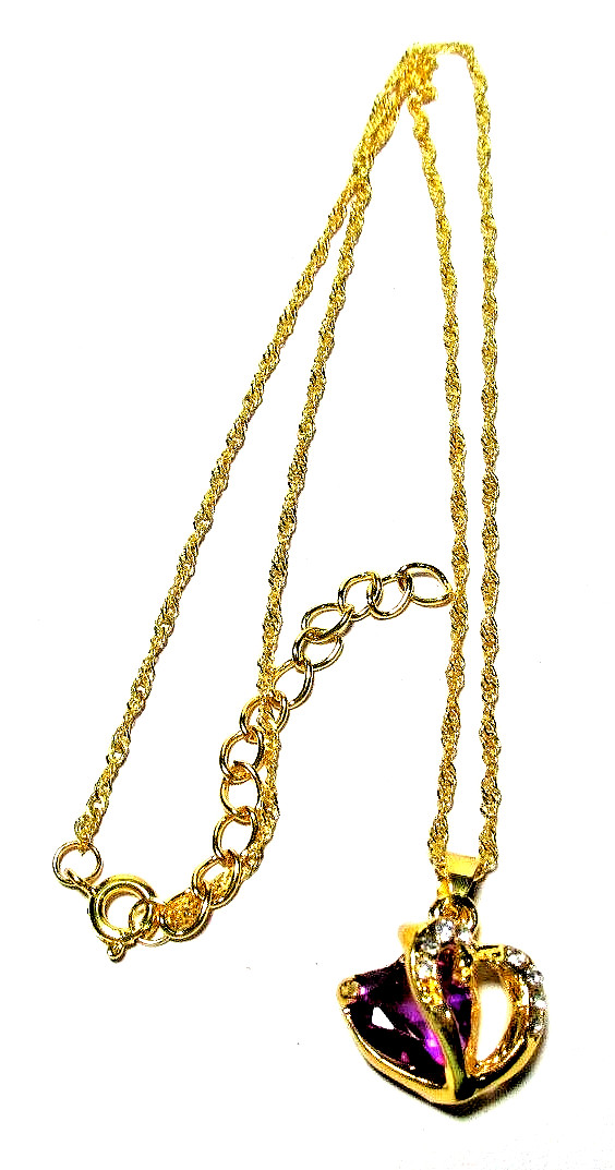 Gold Tone Purple & Clear Crystal Heart Pendant 16″ Necklace – NWOT (#2673)