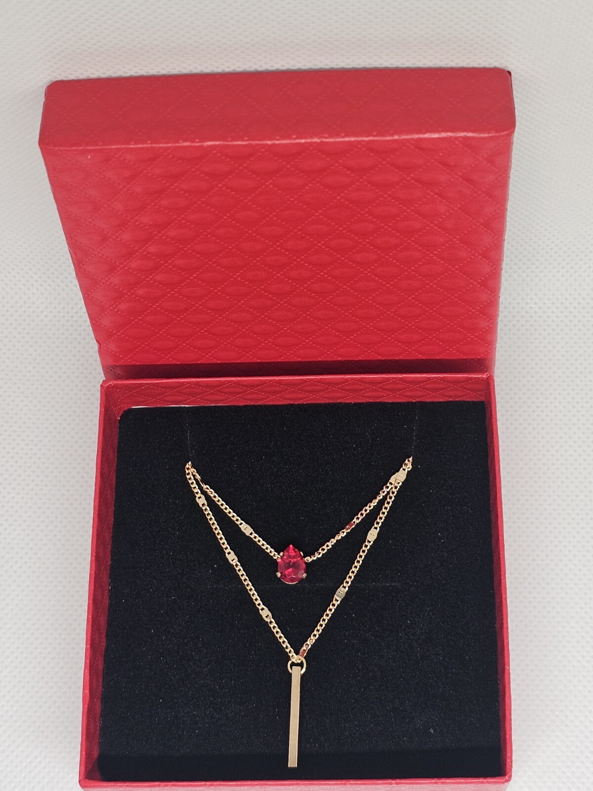 Everyday wear casual ladies Y-drop necklace jewellery red stone gold gift box
