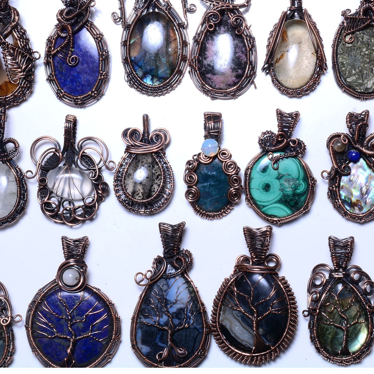 Natural Handmade Mix Gemstone Copper Wire Wrap 10 Pcs Lot Pendant Jewelry Reiki
