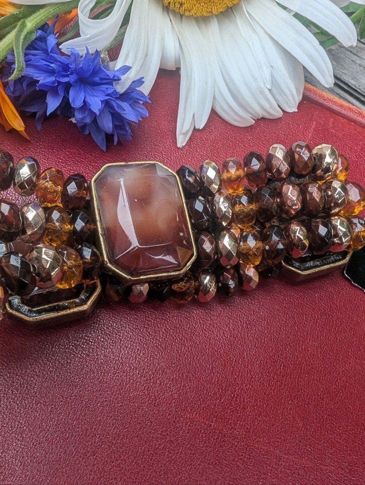Cookie Lee Amber and Brown Faceted Bead Stretch Bracelet with Center Stone