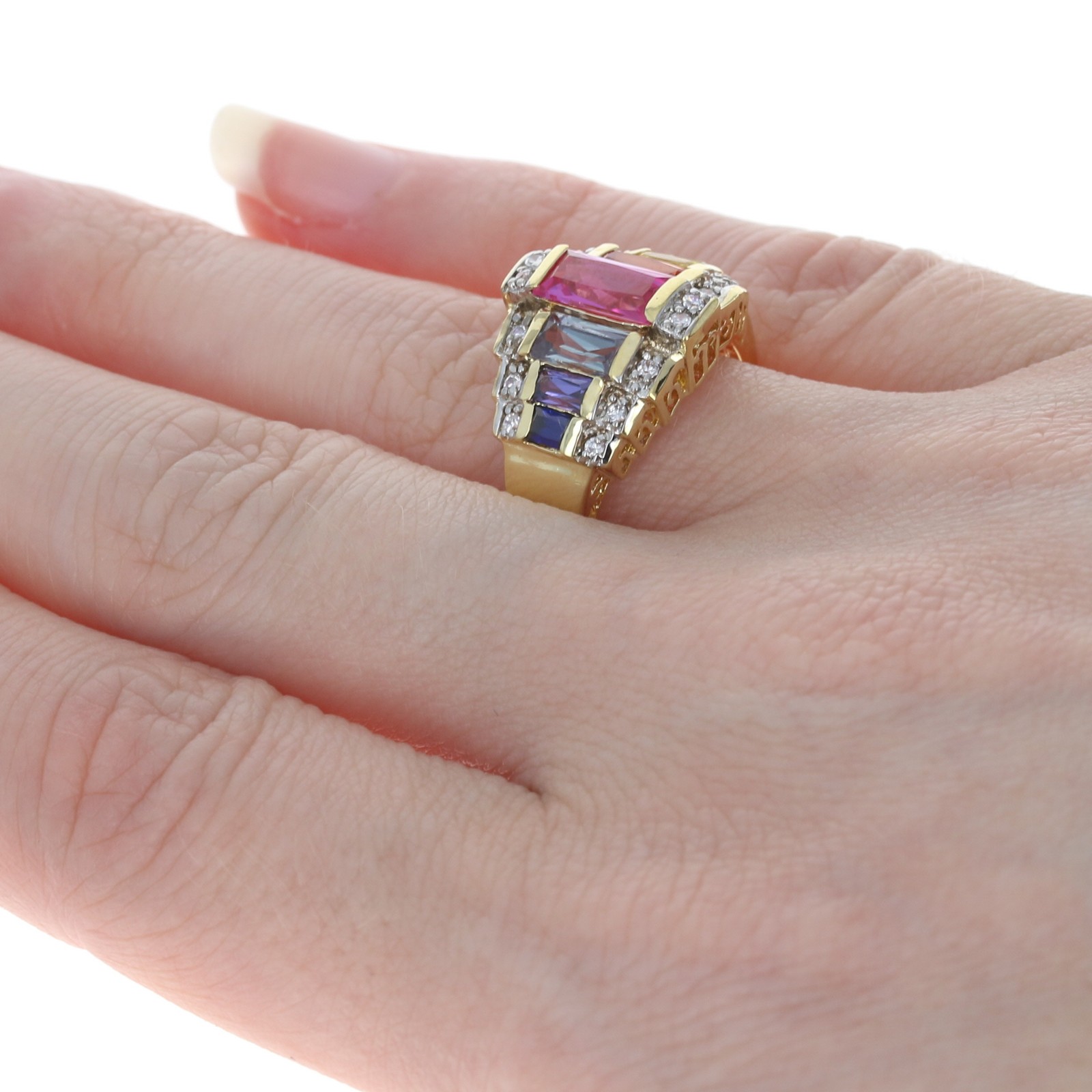 Sterling Multi-Color Synthetic Sapphire & CZ Ring 925 Gold Pltd 3.11ctw Sz 5 3/4