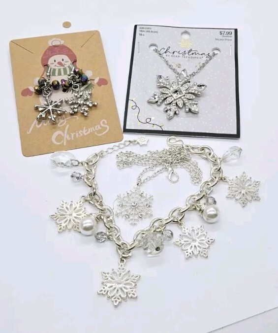 Snowflake Christmas Necklace Bracelet Earring Lot Silver tone Set of 4