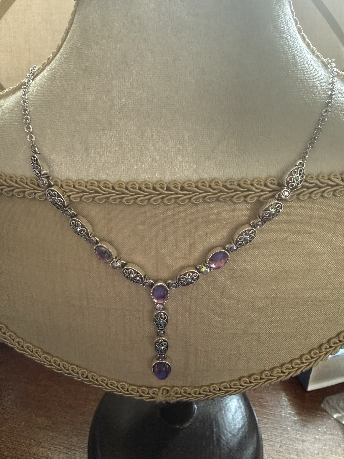 Fossil Silver-Tone Purple Oval Crystal Y-Drop Necklace with earrings