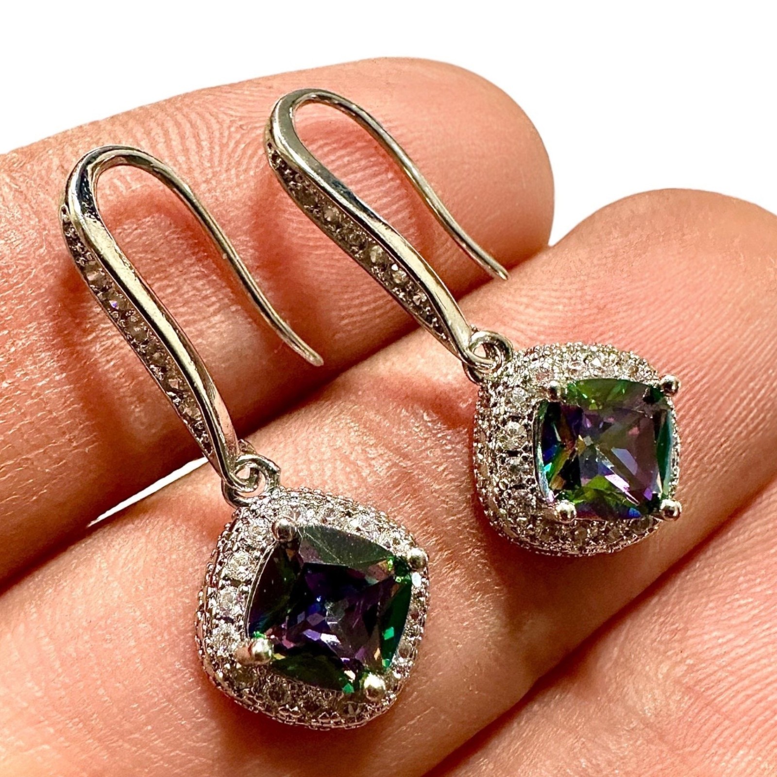 Mystic Topaz CZ Earrings 6mm Silver Plated 35mm Rainbow Dangle Drops