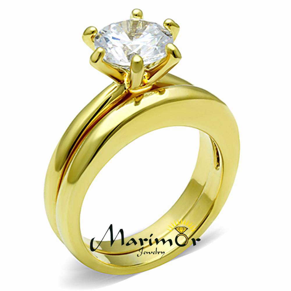 Stainless Steel Wedding Ring Set 2.05 Ct Round Cut CZ 14k GP Women’s Size 5-10