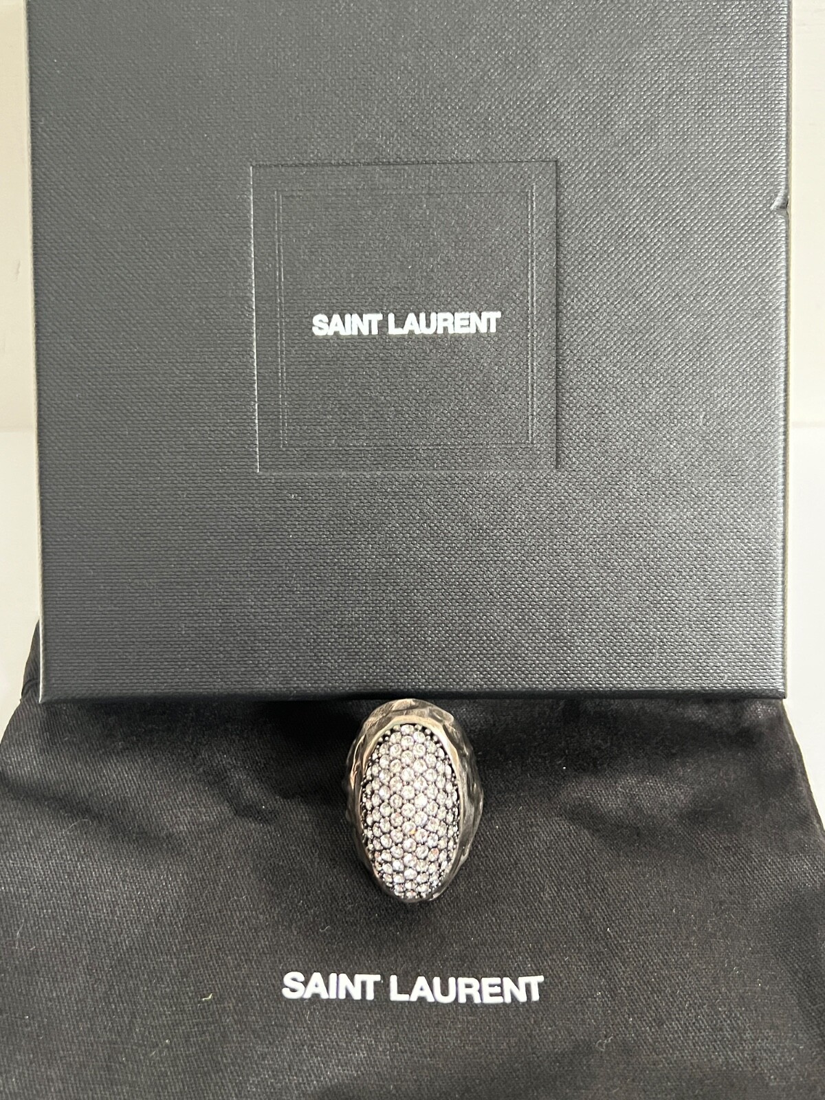 NIB Saint Laurent YSL Crystal Egg Molten Silver Brass Dome Cocktail Ring 7 $895