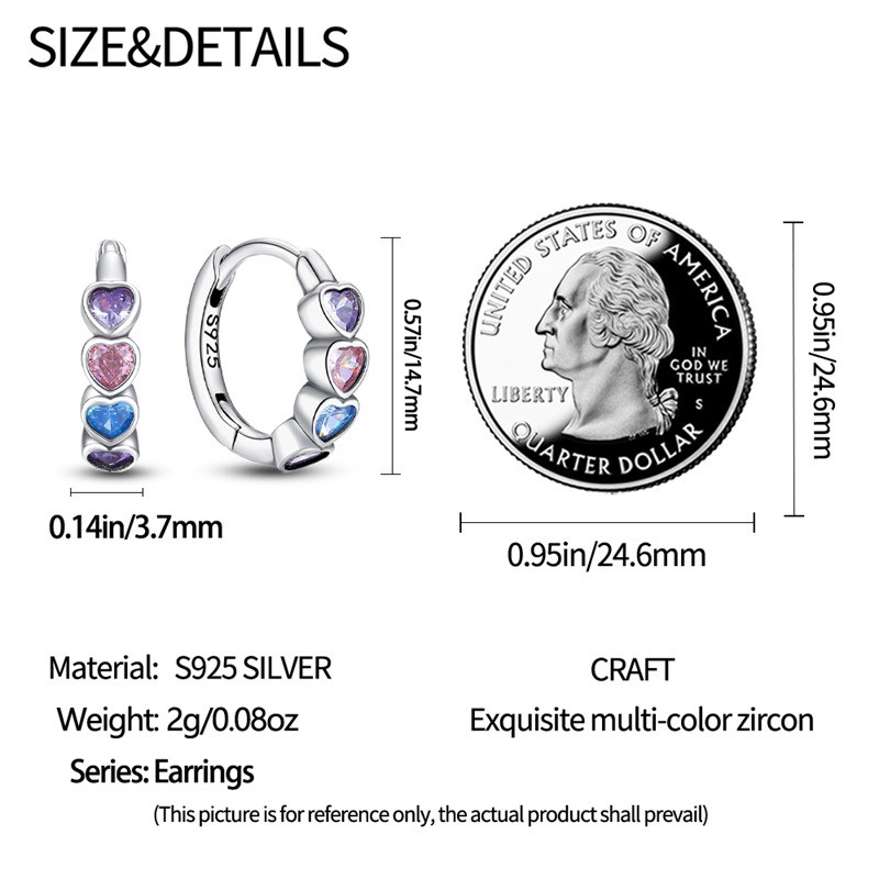PANDACH 925 Sterling Silver Tiny Colorful Heart Huggie Hoop Earrings For Women