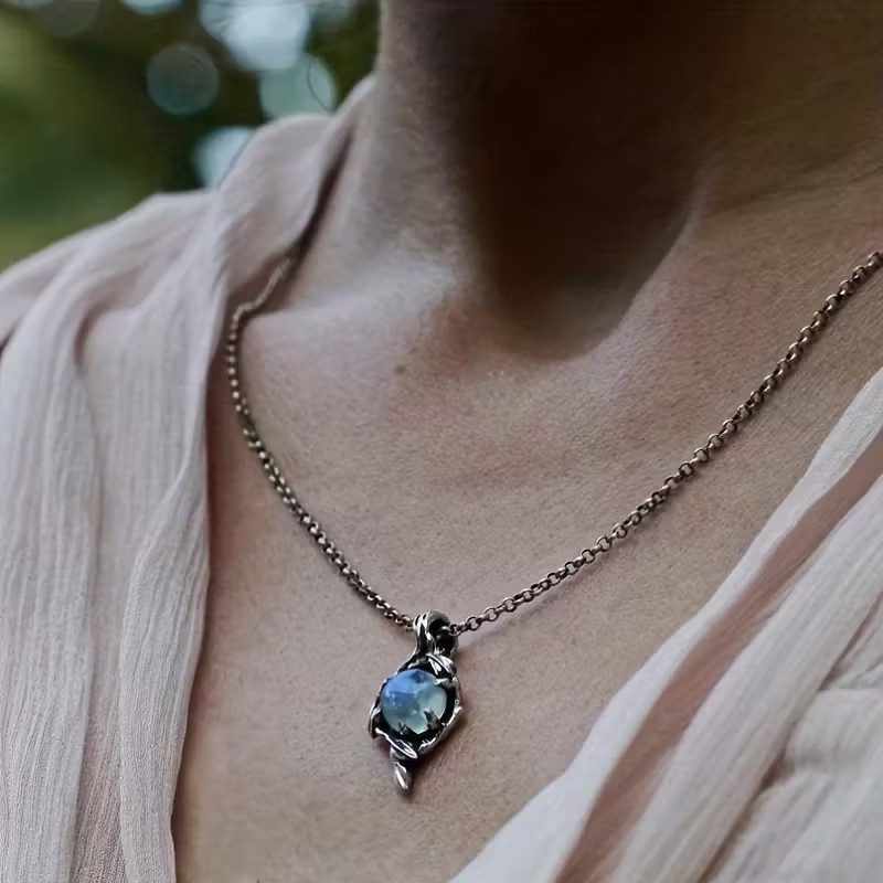 Rainbow Moonstone Flame Pendant Necklace – Retro Vintage Style Women’s Jewelry