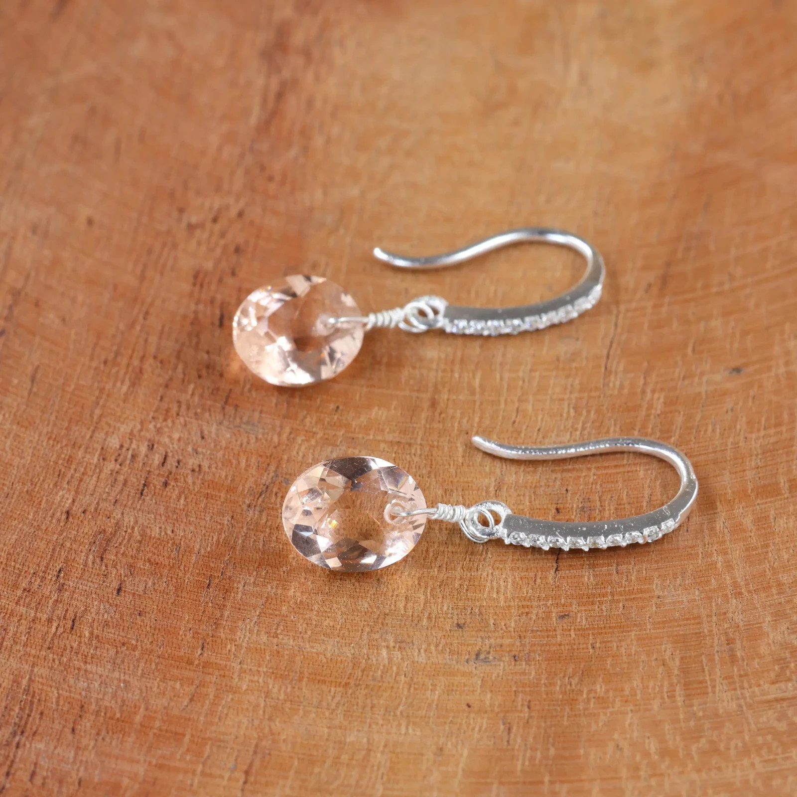 Peach Morganite Hook Earrings, Handmade Gemstone Jewelry, Chic Statement Earring
