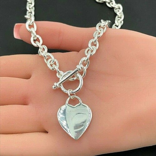 Heart Tag Pendant Toggle Thick Chain Necklace Silver