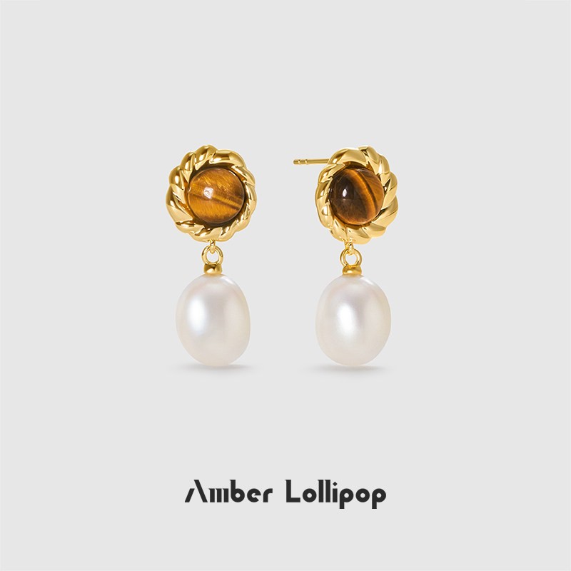 Amber Lollipop Vintage Beauty Pearl Earrings Light Luxury Gemstone Earrings