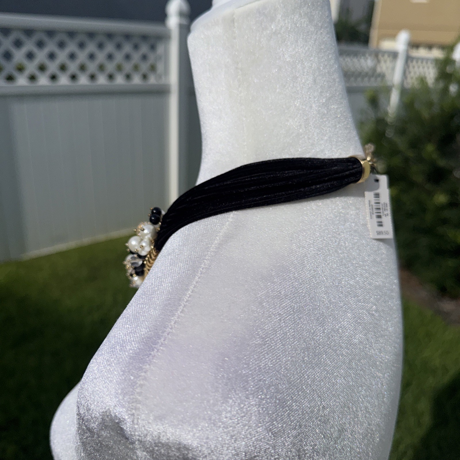 Talbots Black Velvet Gold Tone Faux Pearl CZ Beaded Cluster Necklace 21″ NWT