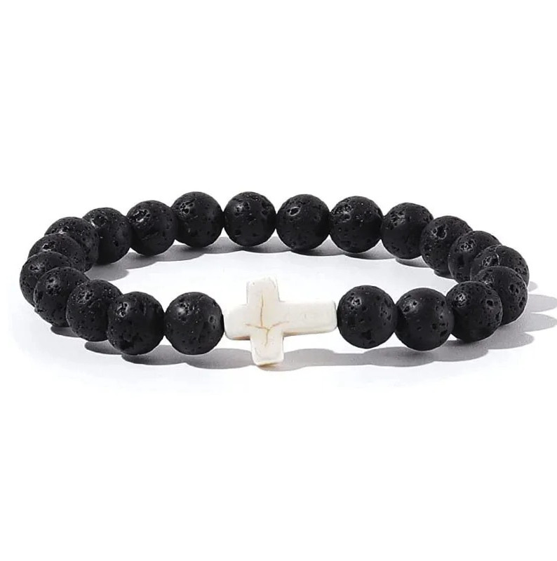 1pc Natural Stone & Wood Bead Prayer Bracelet with Cross – NEW