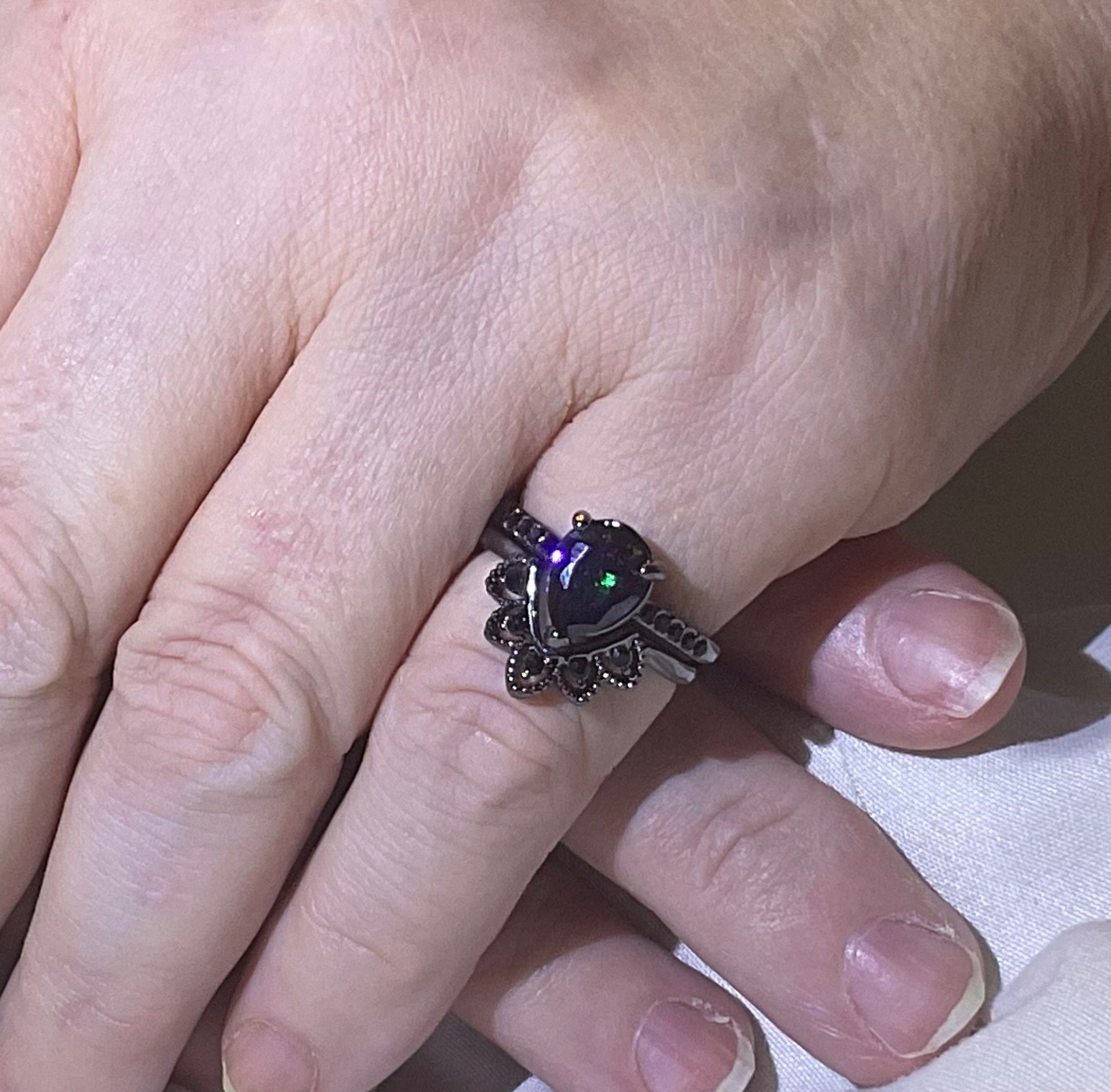 Pear Cut Lab Alexandrite Balck Moissanite 2pc Ring Set Size 6.5 FREE SHIPPING