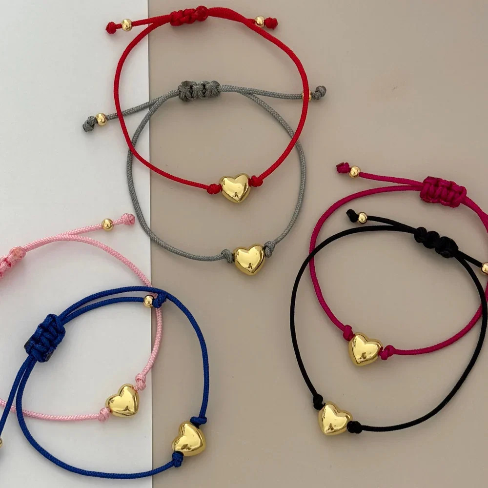Red Rope Thread Bracelet Women Heart Charm Mixed Tone Layered Strand Jewelry