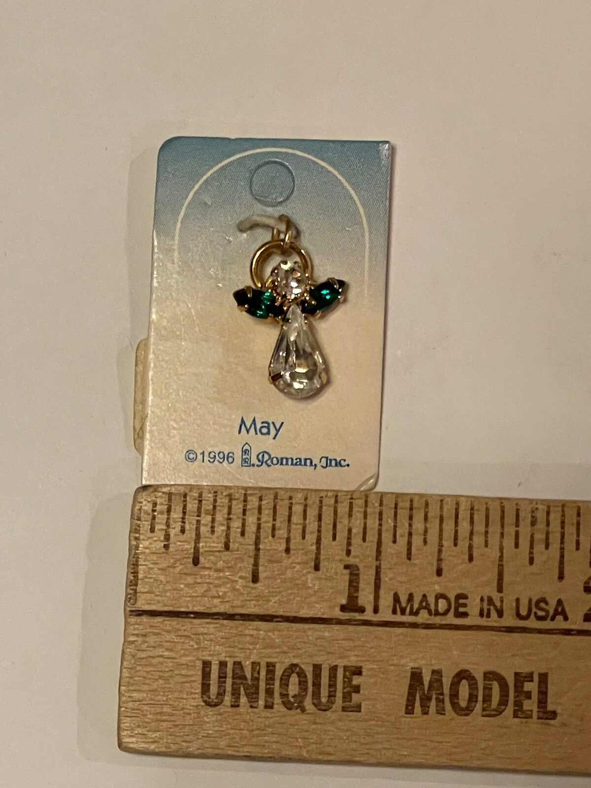 1996 May Birthstone Angel Charm Pendant Vintage Roman Inc NEW Rhinestones Green