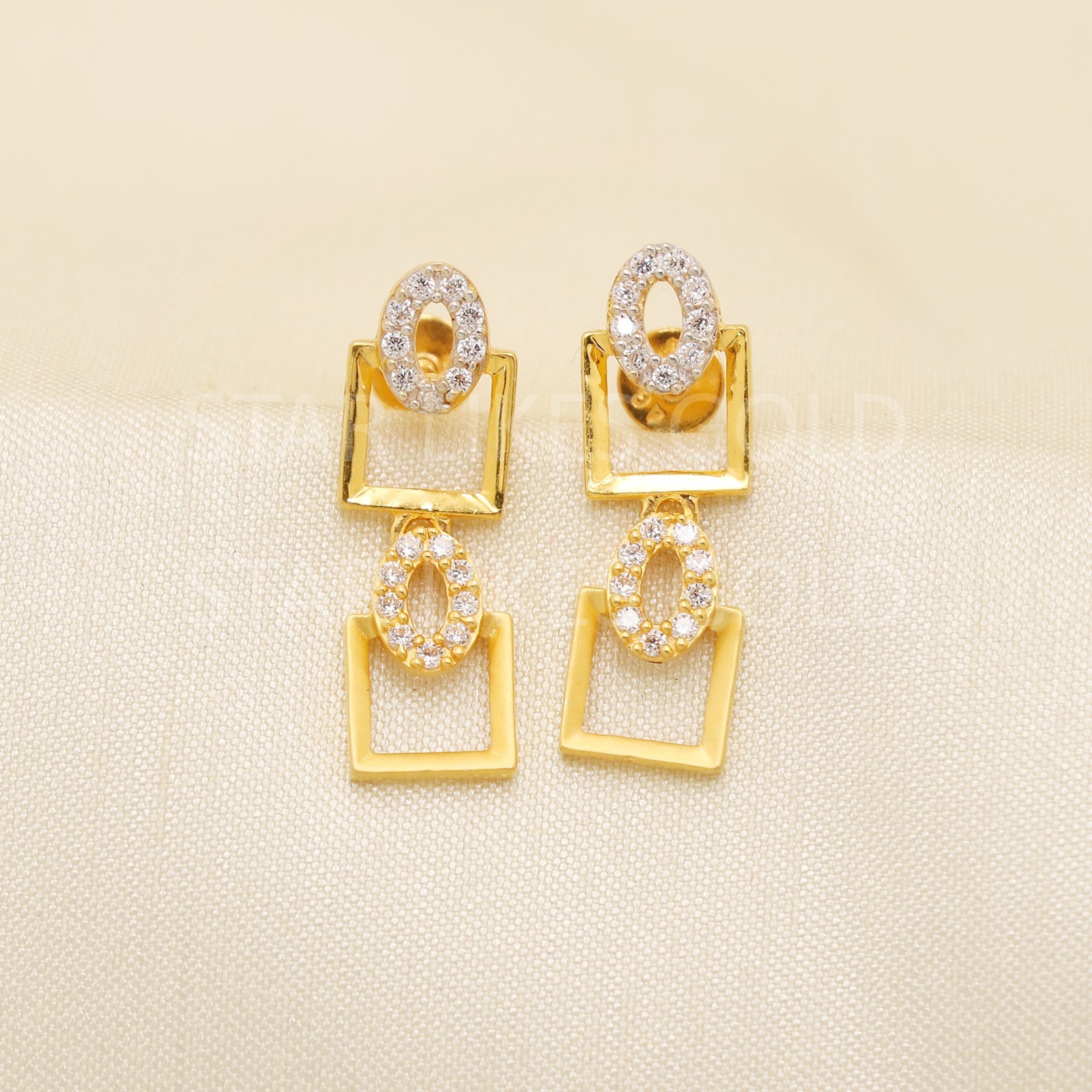 Solid 22k Gold Geometric Double Square Dangle Earrings Pave CZ Oval Link