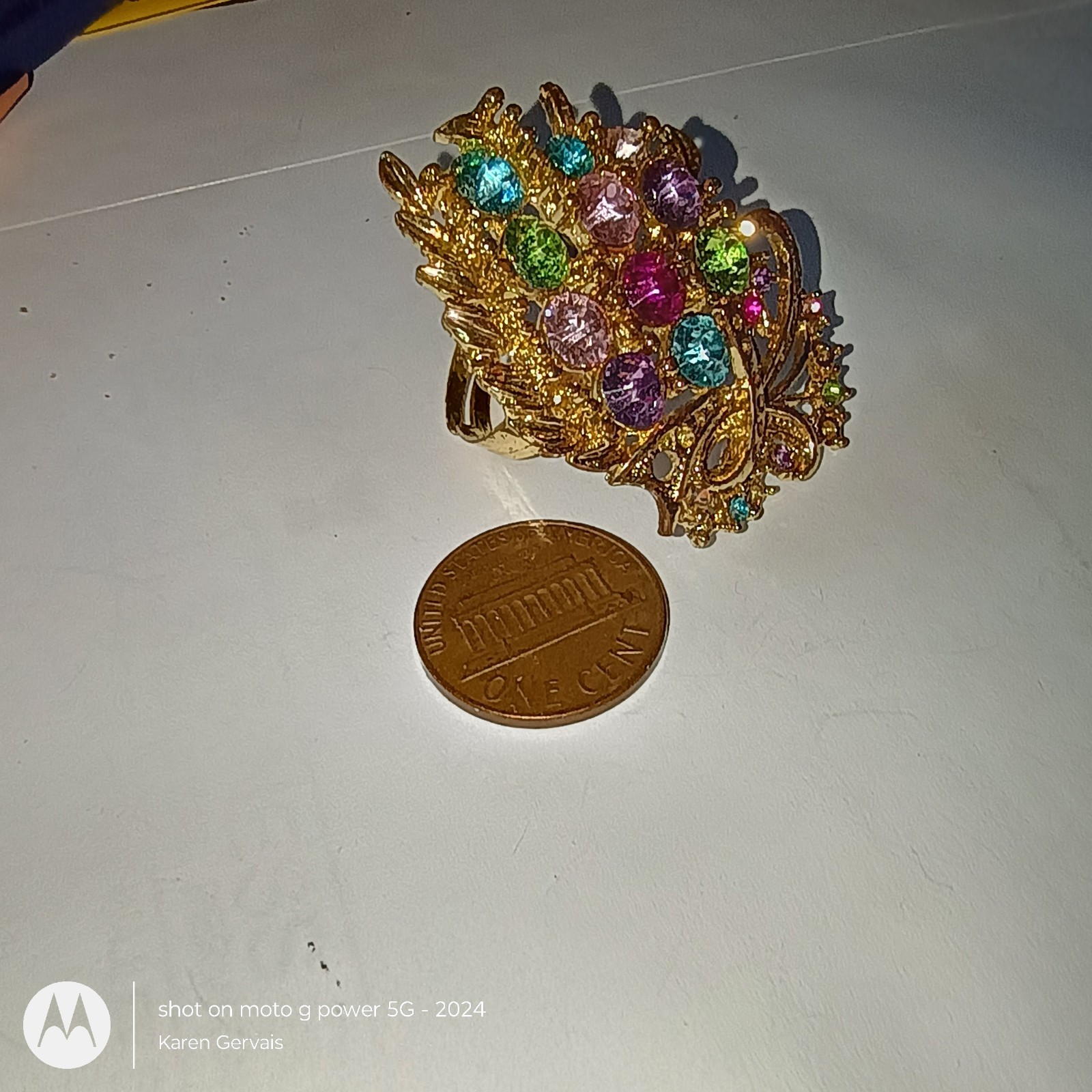 Gold Tone Multicolor Crystal Cocktail Ring, Prong Set Asymmetrical Adjustable