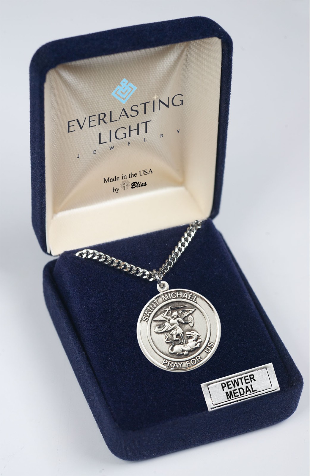 Mens Saint MichaelPewter Medal Pendant 24″ Lobster Claw Chain Religious Necklace