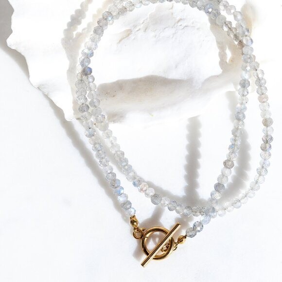 Labradorite Beaded Necklace Gold Toggle Clasp Waterproof Gold Gemstone Jewelry