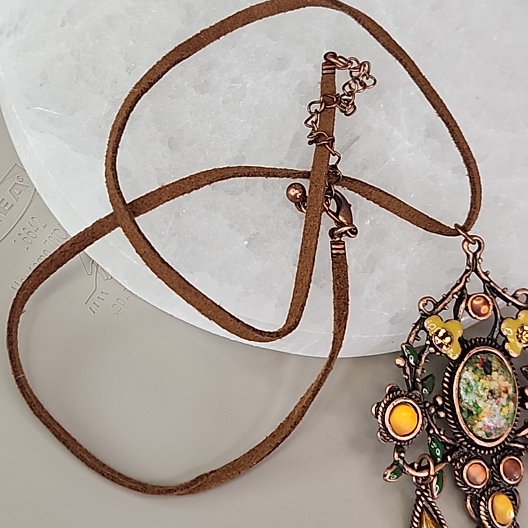 Art Nouveau Revival Pendant Necklace Speckled Oval Brown Suede Cord 20″