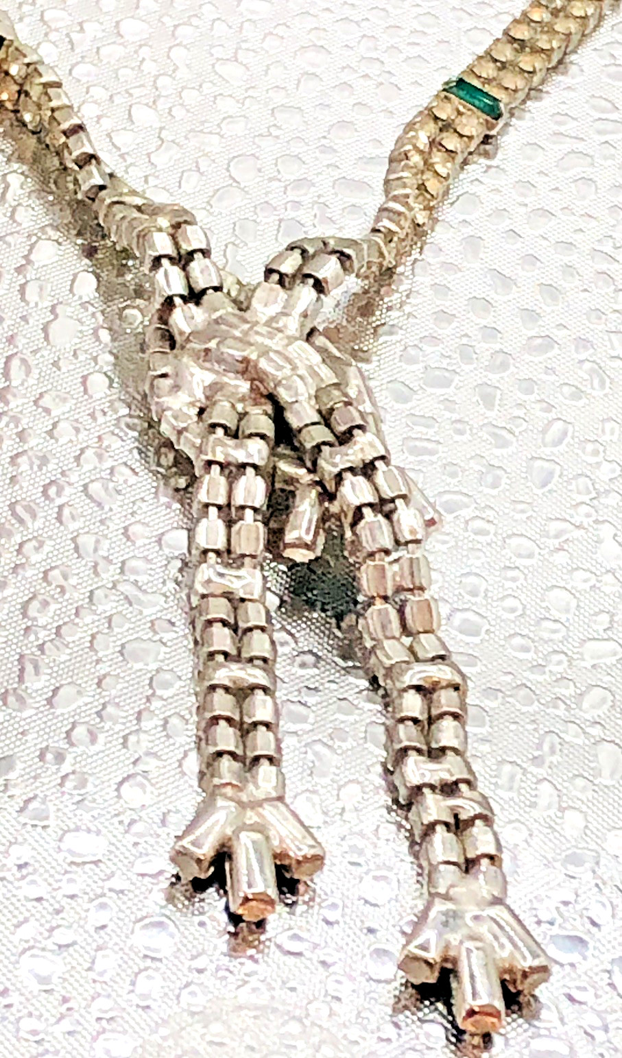 Vtg Emerald Green & Clear Rhinestone Dangle Necklace 16 ” w. Clip Earrings