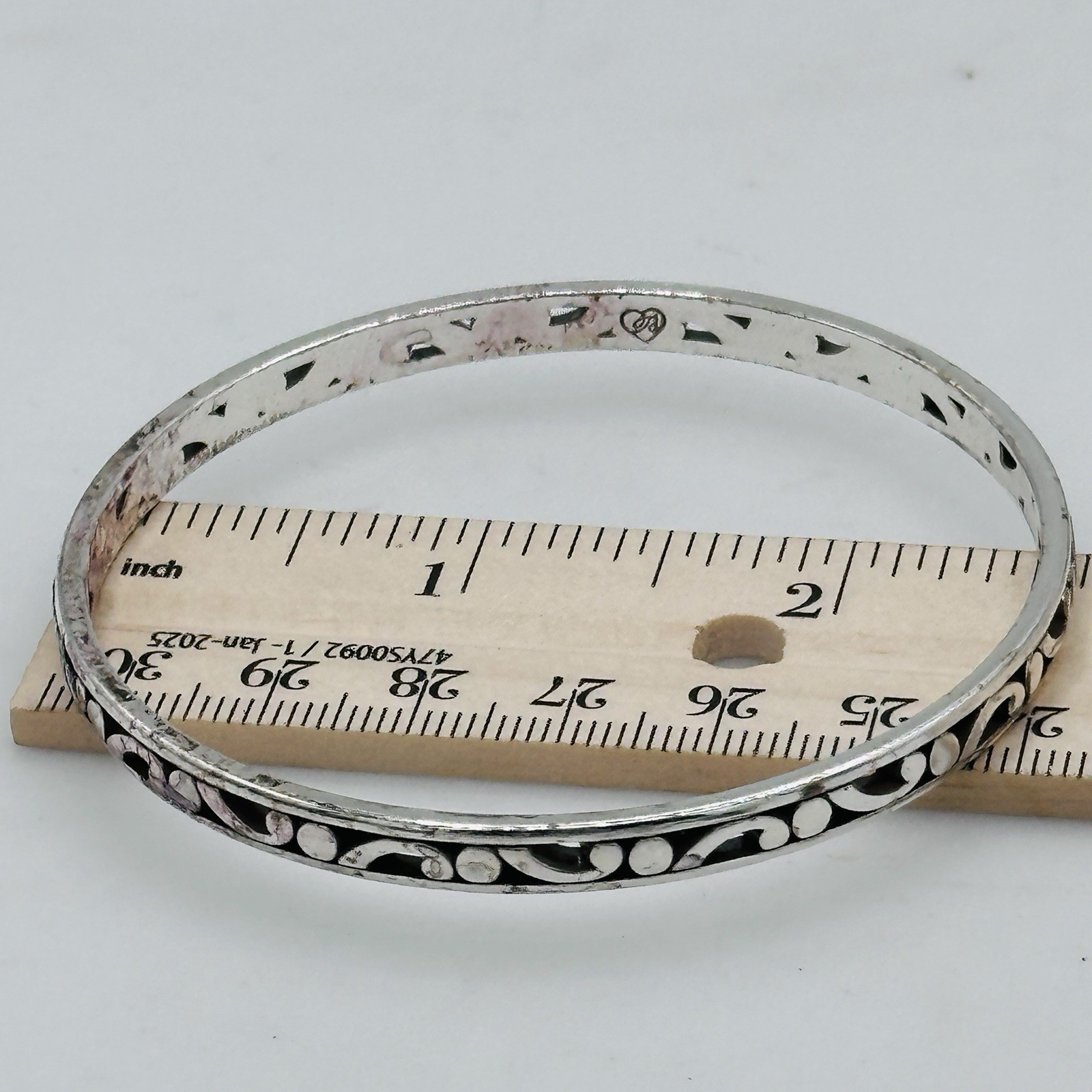 Brighton Contempo Slim Bangle Bracelet Silver Tone Scrollwork Stackable 2.5”