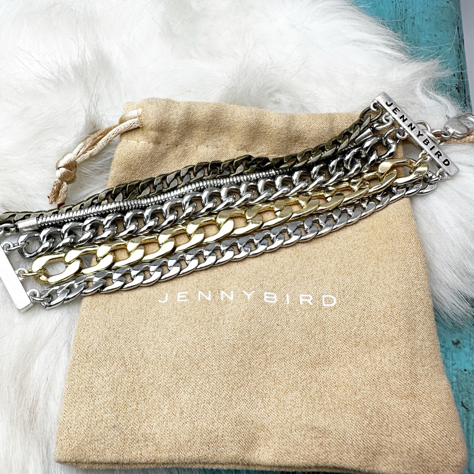 Jenny Bird Gold Silver Multi Chain Statement Bracelet w/ Pouch New w/o tags