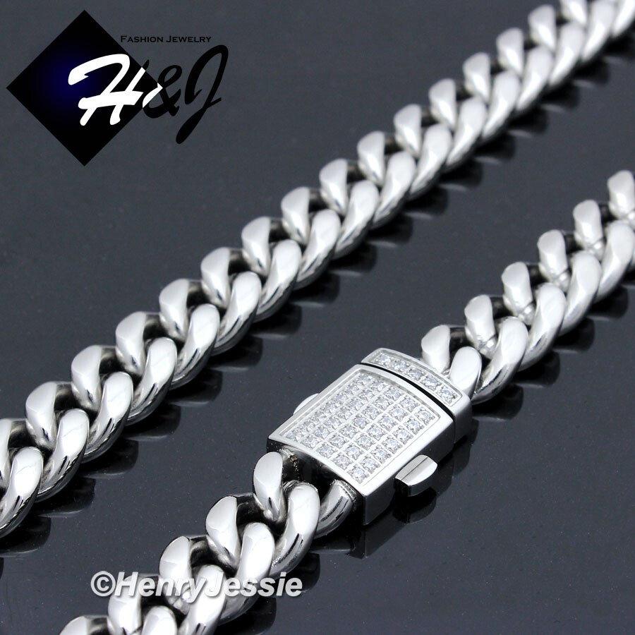 18-40″MEN Stainless Steel 7/10/12mm Silver ICY CZ Miami Cuban Chain Necklace*165
