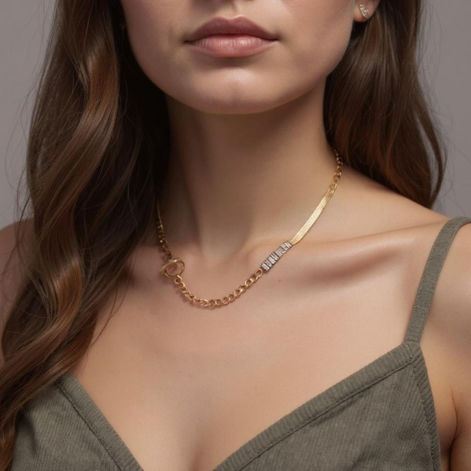 Women 18K Gold Plated Stainless Steel Buckle Cuban link chain mixed Snake Chain