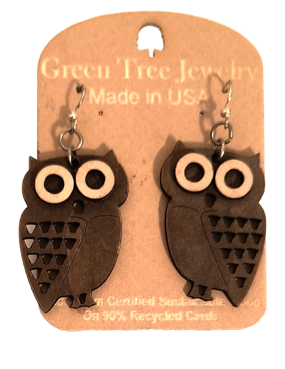 New with Tags Green Tea Jewelry Earrings Laser Cut Brown/Beige Owls Hook Closure