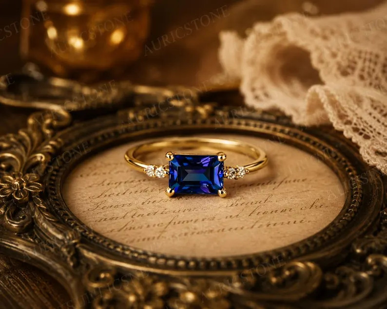 Lab Created Blue Tanzanite Ring, Base Metal: Brass Finish: Gold Plated, Gift