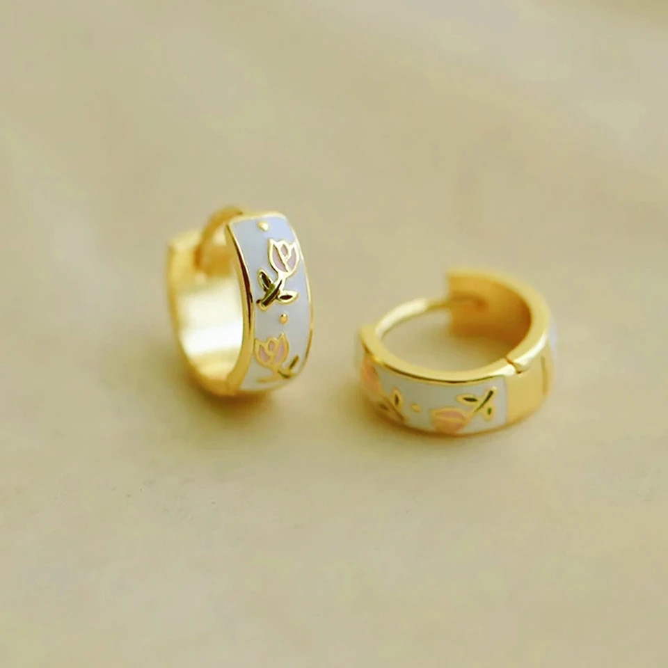 Metal Enamel Hoop Earrings Women Tulip Floral Tea Cup Spring Summer Jewelry