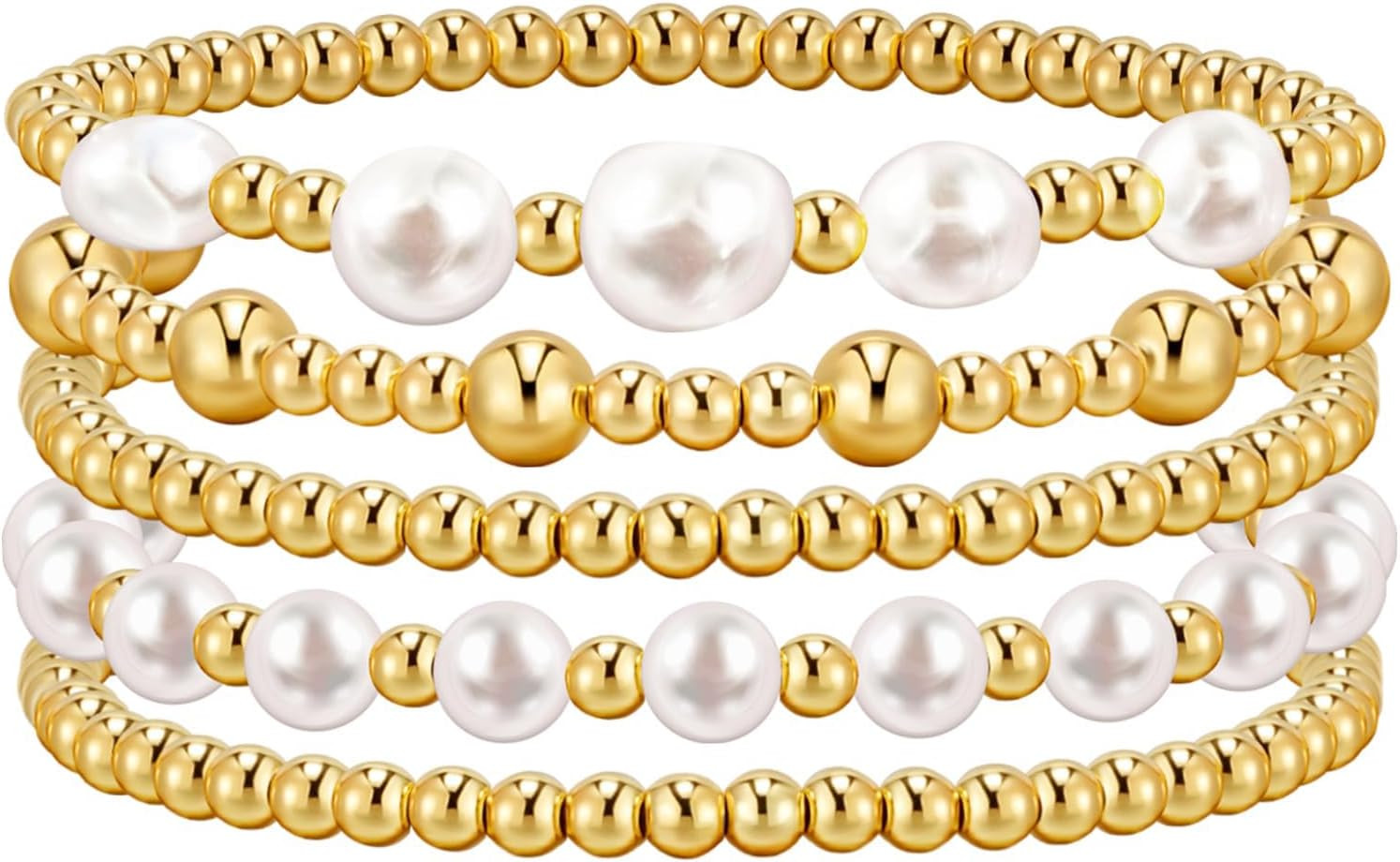 5 Pcs Gold Silver Beaded Bracelet Set Pearl Stretch Stackable Women