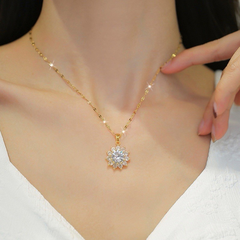 Gold Tone Cubic Zirconia Pendant Necklace & Stud Earrings Jewelry Set
