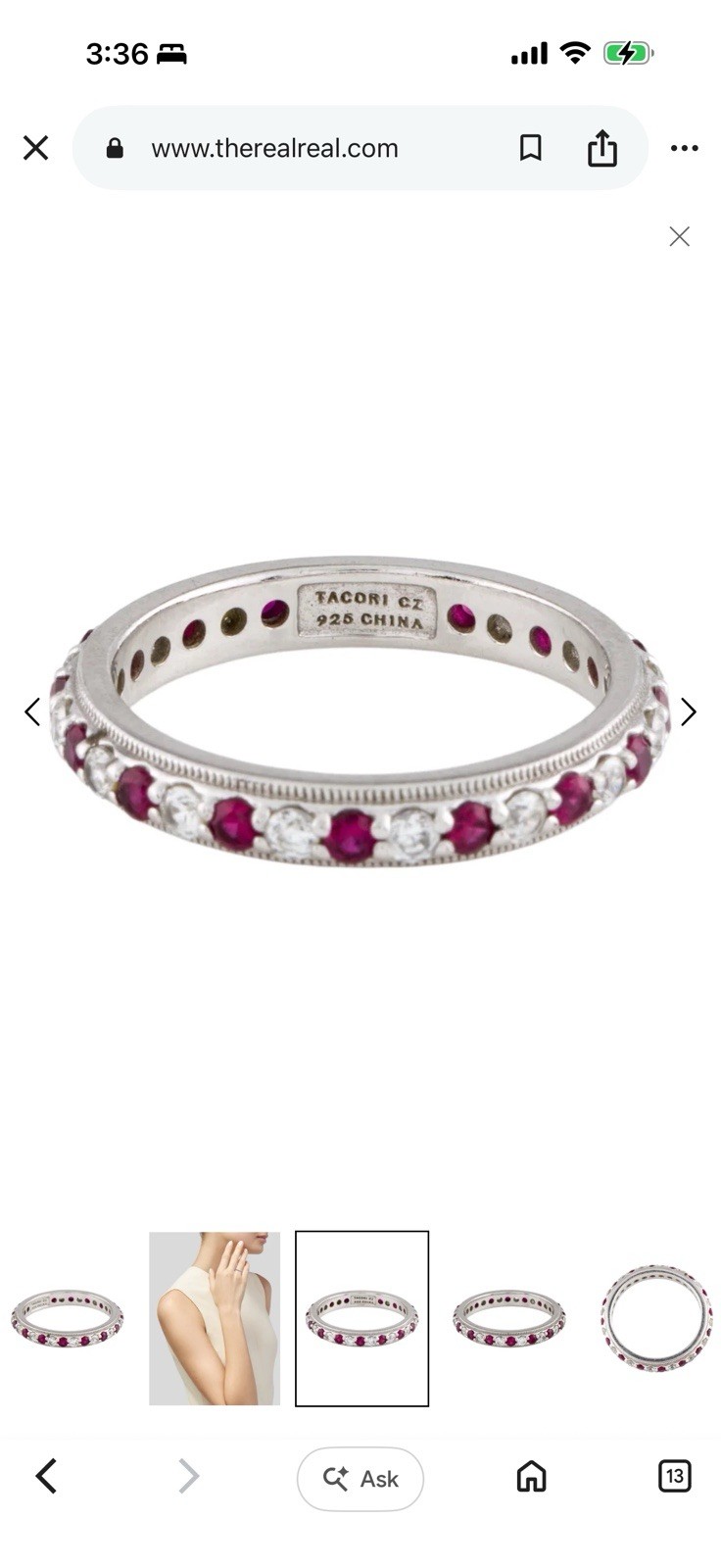 Tacori CZ 925 sybthetic ruby & cubic zirconia eternity band In very good