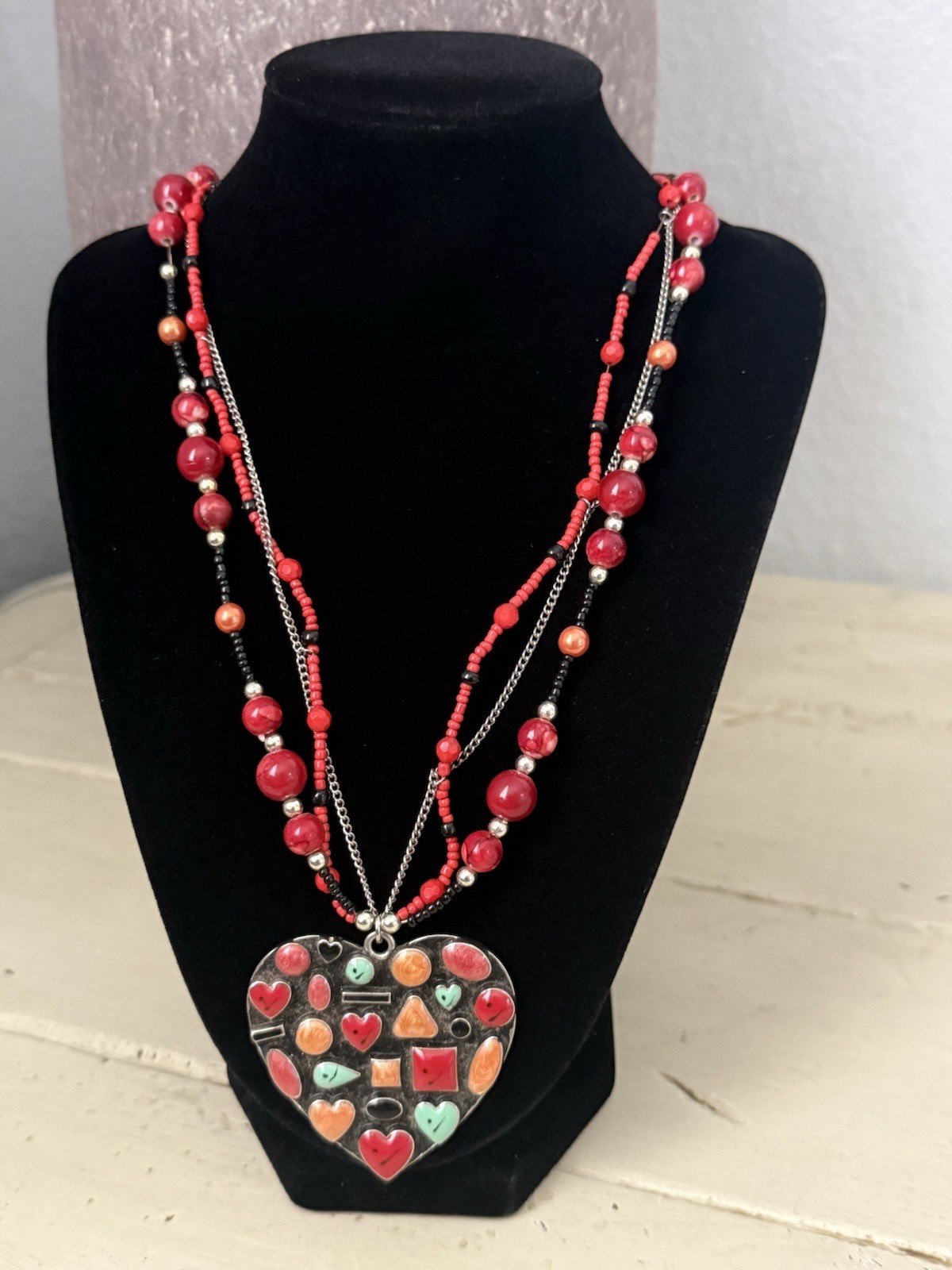 Heart Pendant Beaded Necklace & Heart Slave Bracelet Ring Set Boho Statement