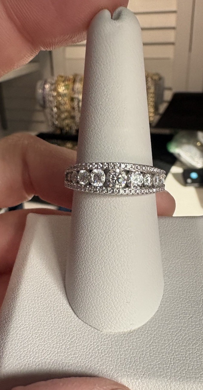 Size 8, Graduated Channel Set Floating Moissanite Band With Pave, 925 Sterling