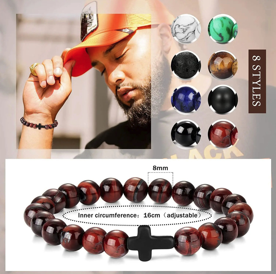 1pc Natural Stone & Wood Bead Prayer Bracelet with Cross – NEW