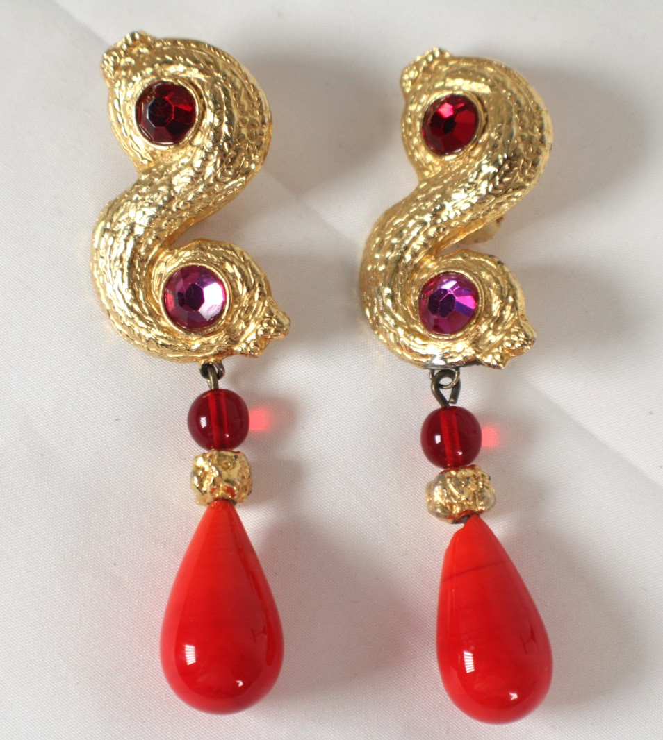 YVES SAINT LAURENT Vintage Gold Metal, Crystal & Glass S-Swirl Clip-On Earrings