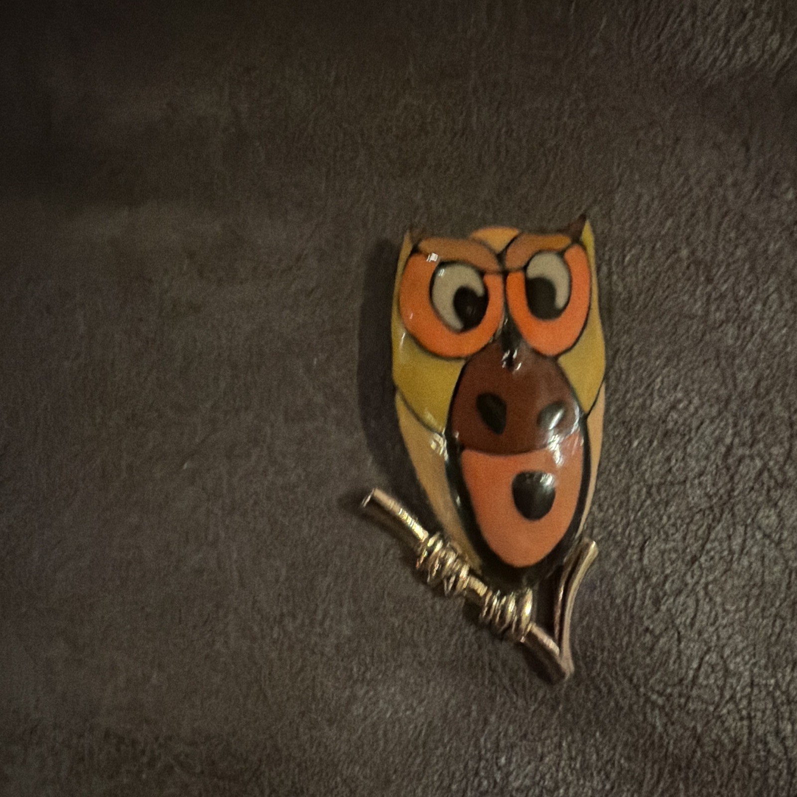 Disney Signed Owl Brooch Pin, Silver Tone Metal w/ Orange Brown Yellow Enamel
