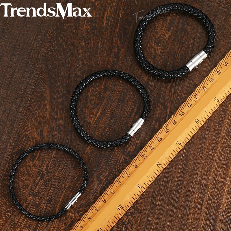 4/6/8mm Black Braided Cord Rope Man-made Leather Bracelet Magnetic Clasp 8-10″