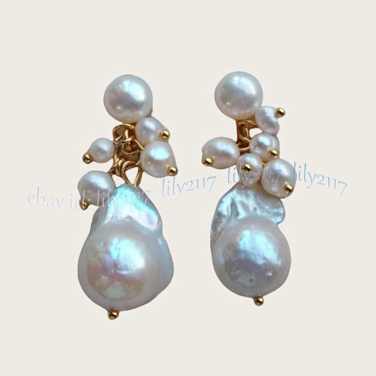 Genuine Natural White Pearl Keshi Baroque Pearl Cluster Dangle Stud Earrings
