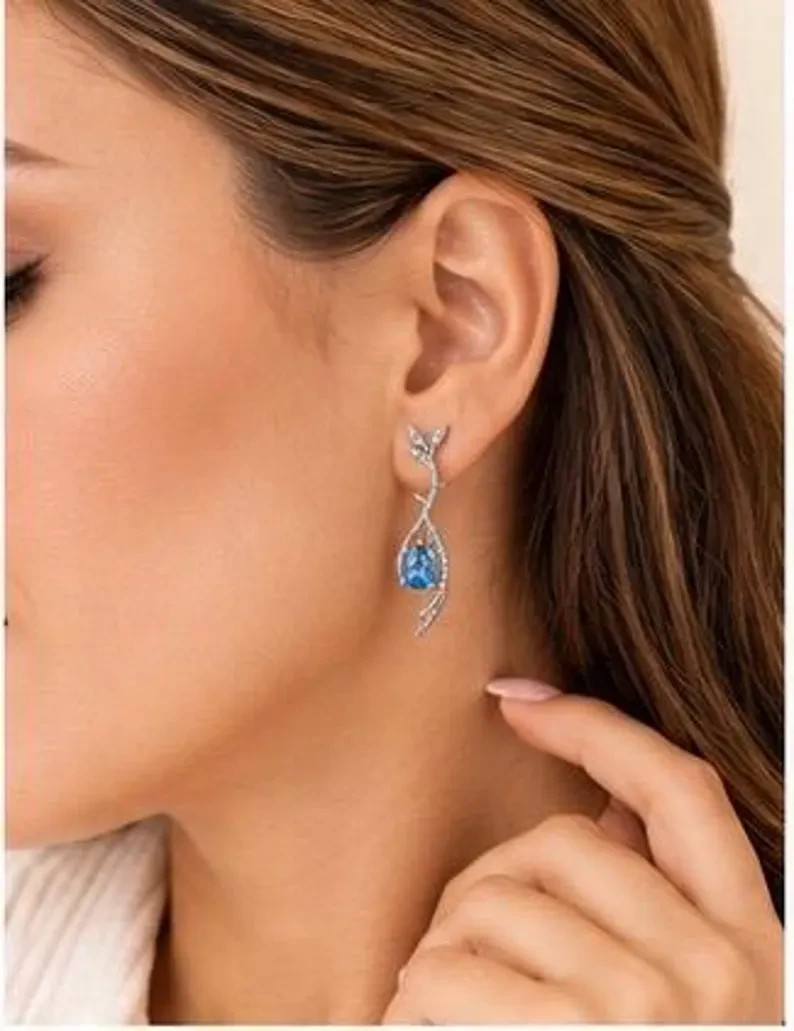 Natural Blue Topaz Earrings 925 Sterling Silver Pear Dangle December Gift