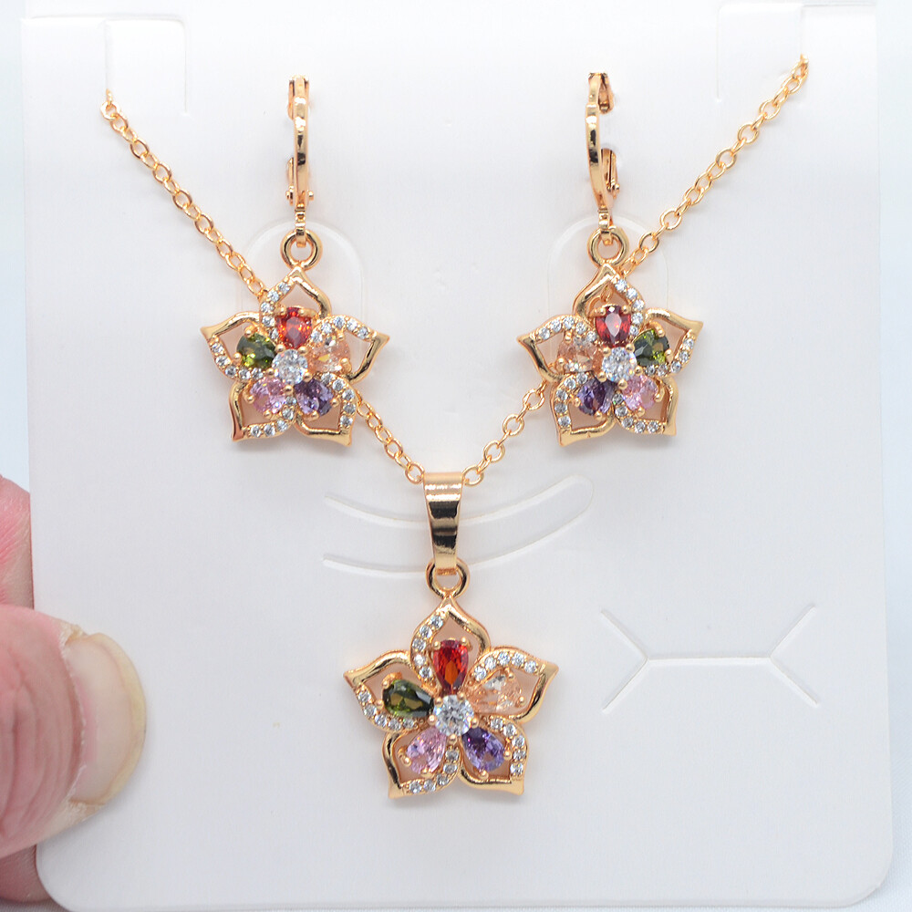 18K Yellow Gold Filled Women Rainbow Topaz Flower Jewelry Set for Engagement
