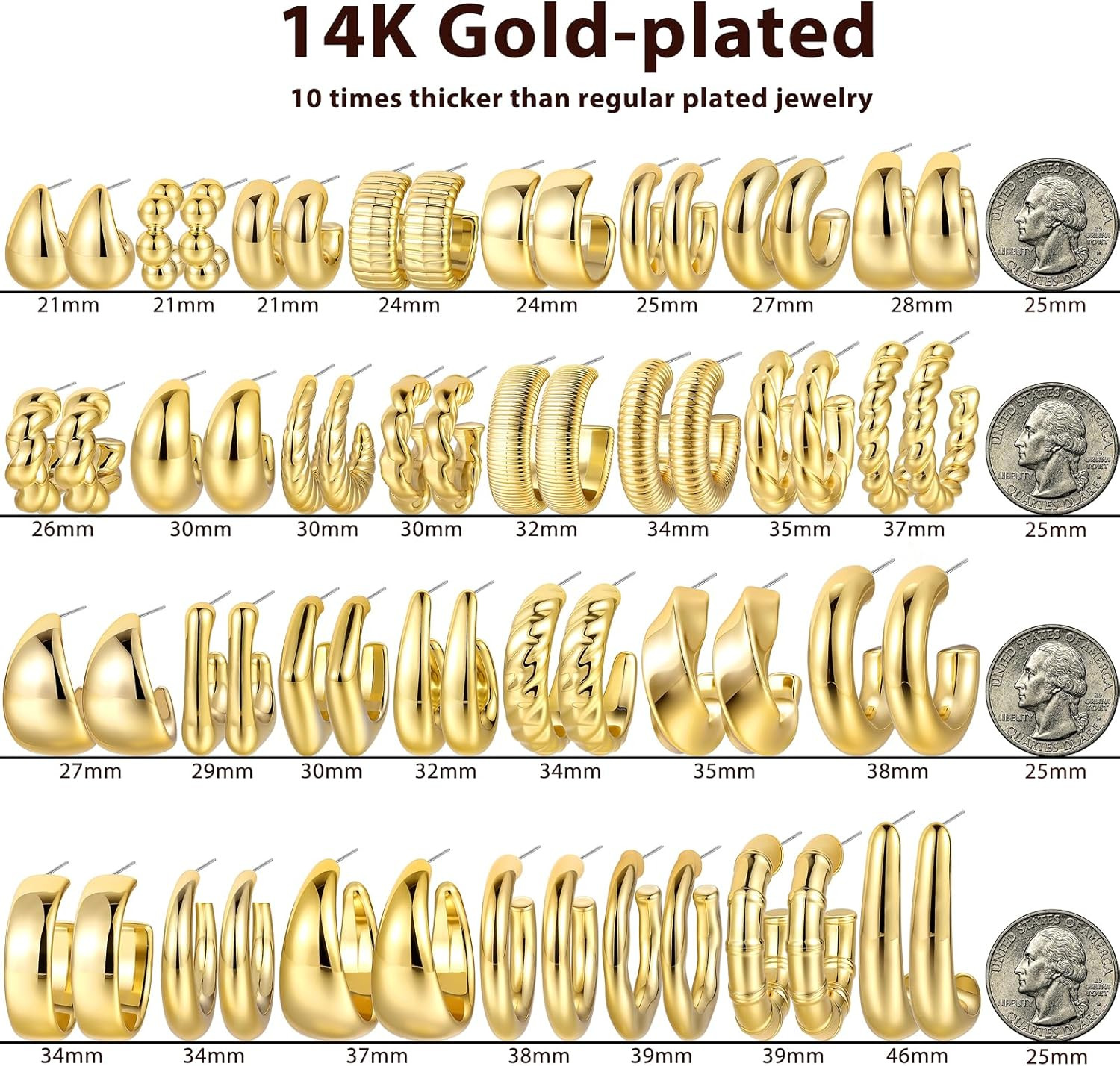 30 Pairs Chunky Gold Hoop Earrings for Women: 14K Gold Plated Lightweight Hypoal