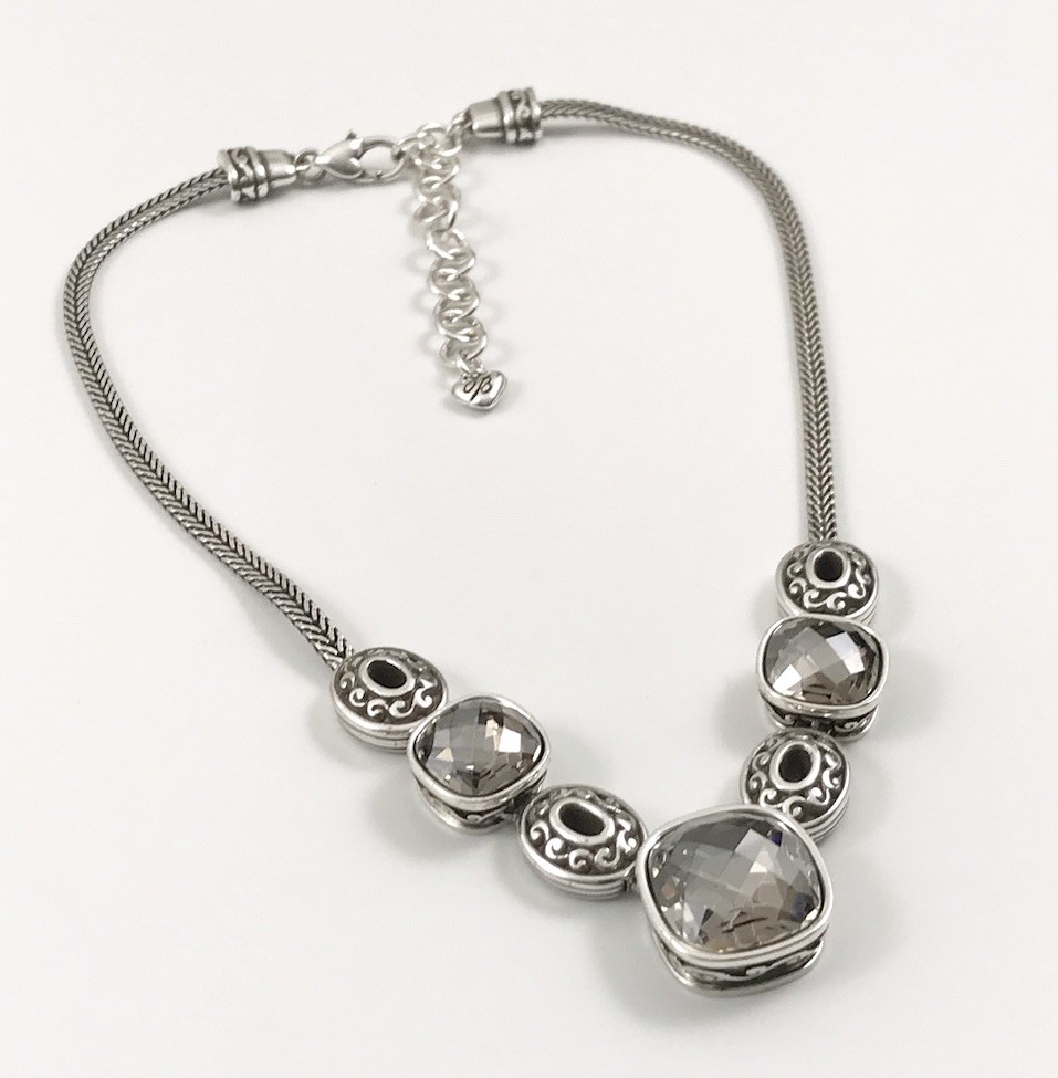 Brighton Venus Rising Silver Smokey Crystals Flat Chain Necklace 17 In. #405