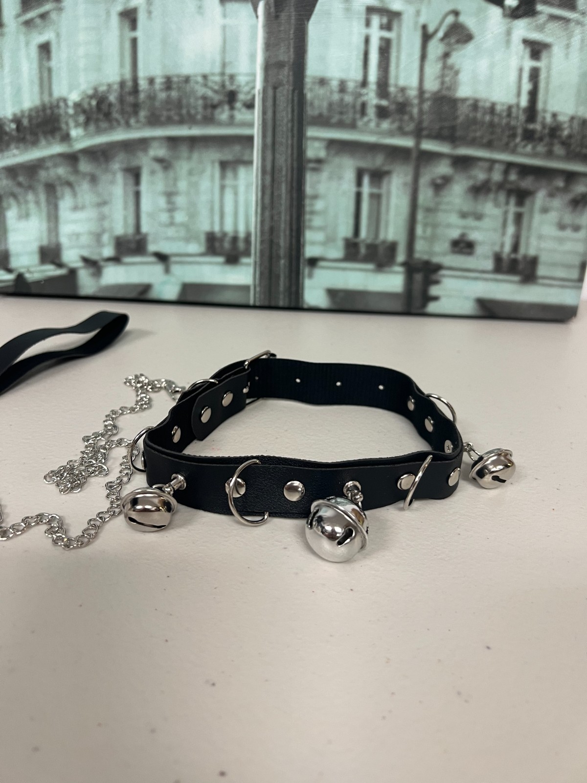 Gothic Faux Leather Choker Set Detachable Chain Leash Bell