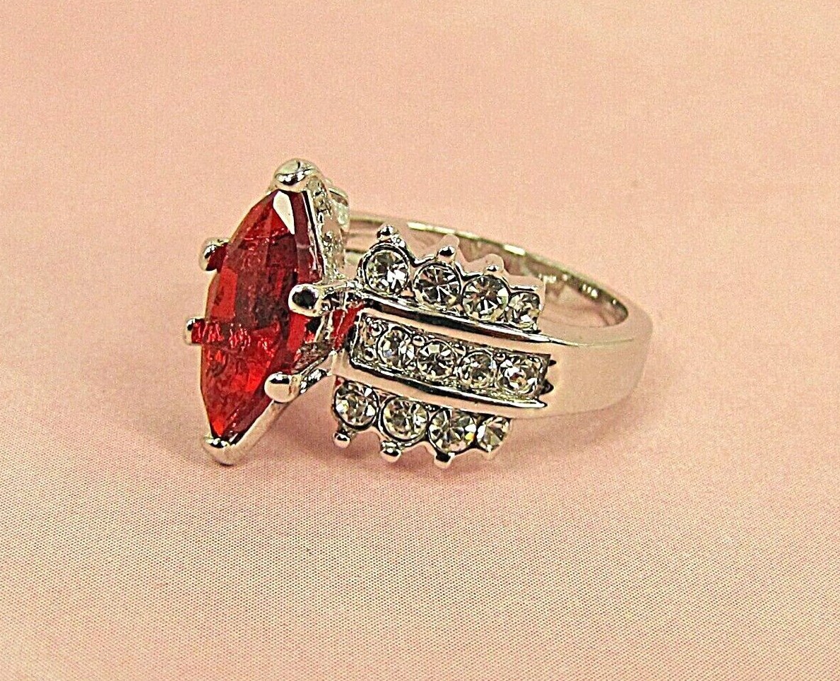 Red Marquise Cubic Zirconia Stone Fashion Ring with Clear CZ Stones on sides NEW